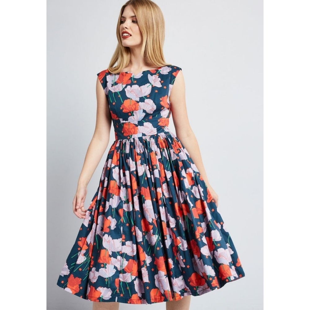 Modcloth Fabulous Fit and Flare Blue floral sz L